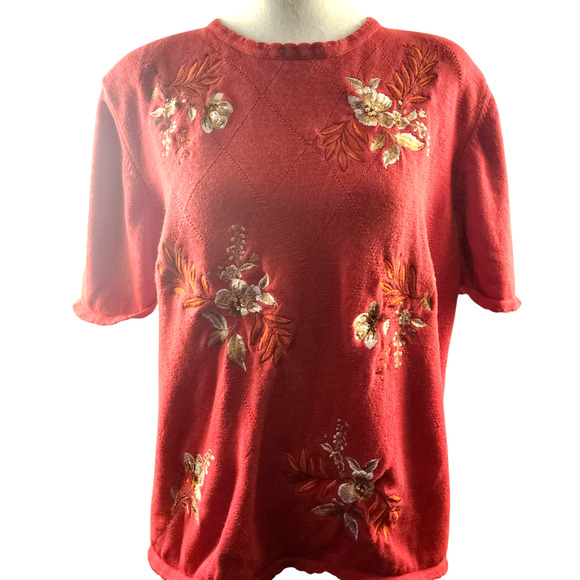 Alfred Dunner Brunt Red Sort Sleeve Embroidered Flowers Sweater Women's Size XL - Picture 2 of 6
